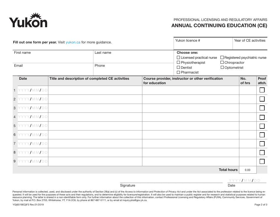 Form YG6519 Annual Continuing Education (Ce) - Yukon, Canada, Page 2