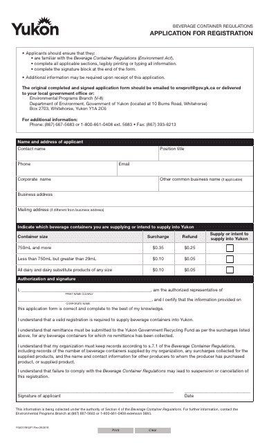 Form YG6319 Beverage Container Regulations - Application for Registration - Yukon, Canada
