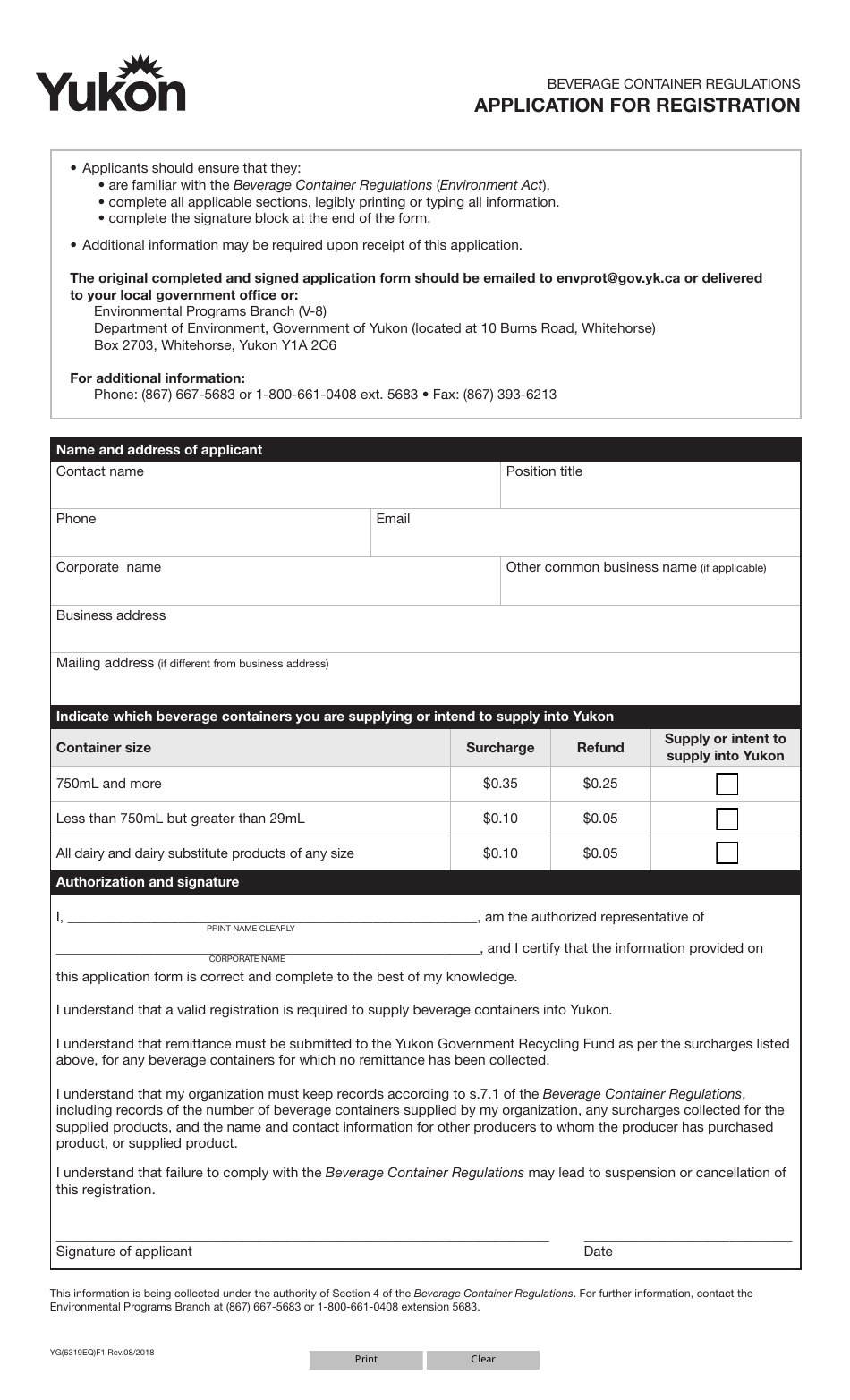 Form YG6319 Beverage Container Regulations - Application for Registration - Yukon, Canada, Page 1