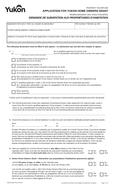 Form YG3101 Application for Yukon Home Owners Grant - Yukon, Canada (English/French)