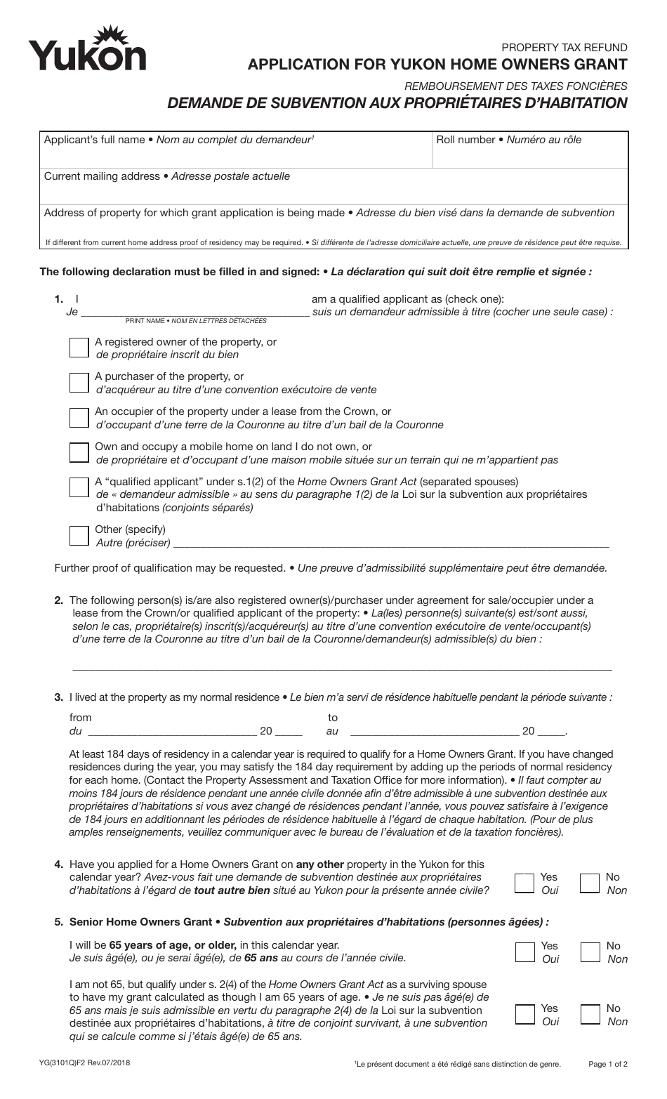 Form YG3101 Application for Yukon Home Owners Grant - Yukon, Canada (English / French), Page 1