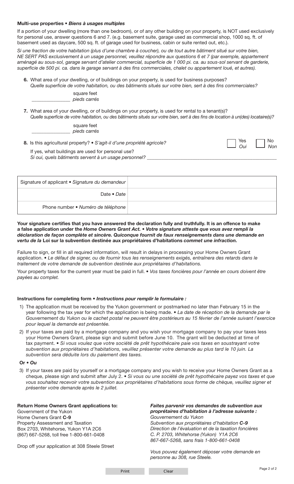 Form YG3101 Application for Yukon Home Owners Grant - Yukon, Canada (English / French), Page 2