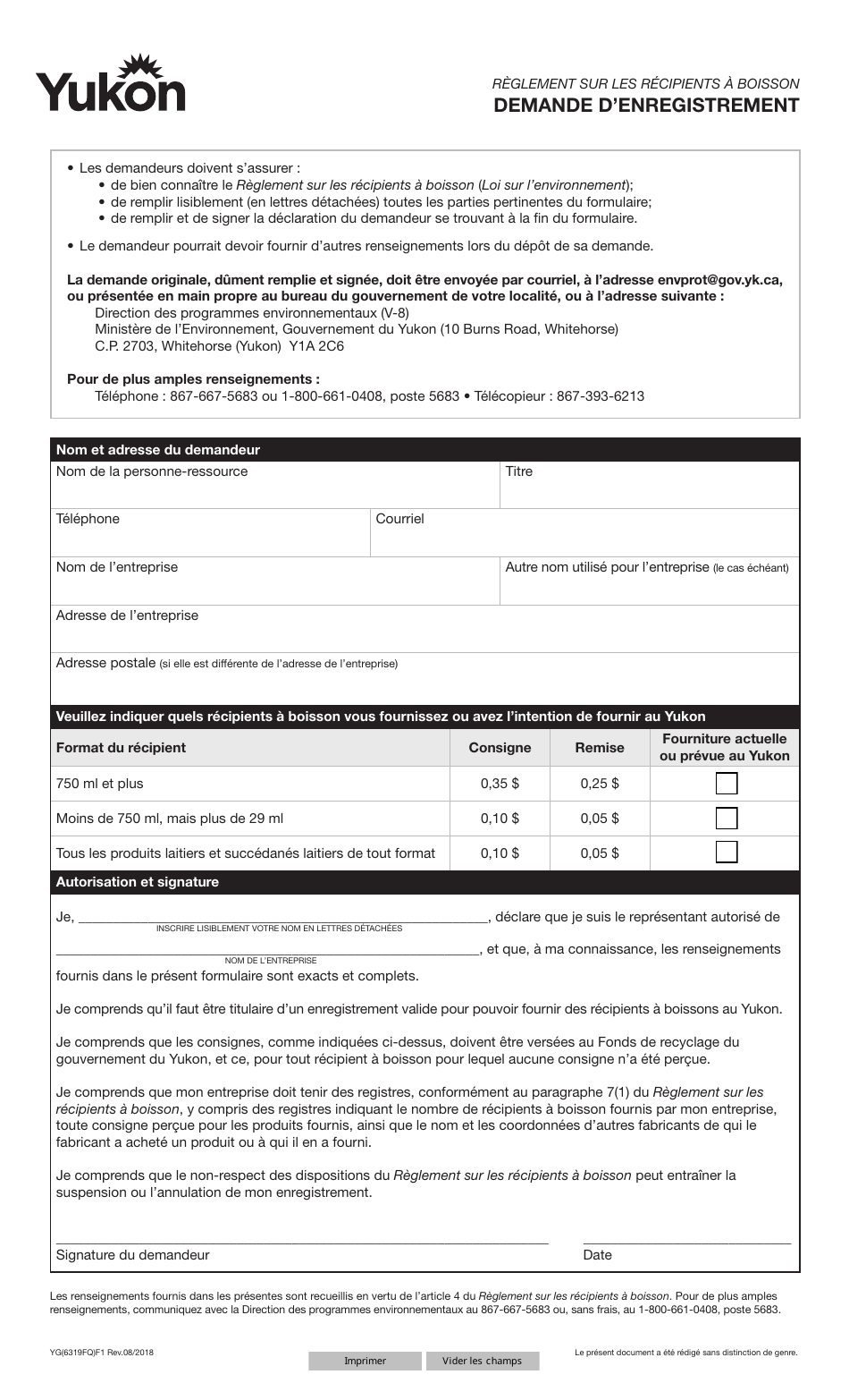 Forme YG6319 Beverage Container Regulation - Application for Registration - Yukon, Canada (French), Page 1