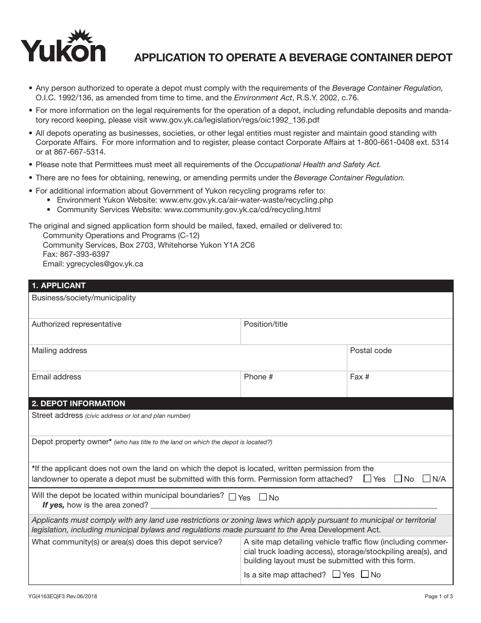 Form YG4163 Application to Operate a Beverage Container Depot - Yukon, Canada, Page 1