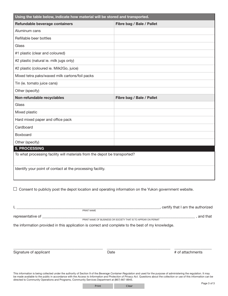 Form YG4163 Application to Operate a Beverage Container Depot - Yukon, Canada, Page 3