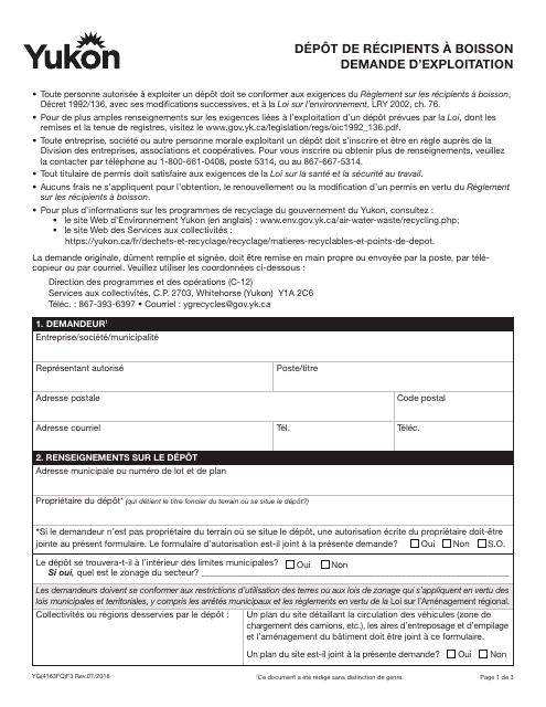 Forme YG4163 Application to Operate a Beverage Container Depot - Yukon, Canada (French)