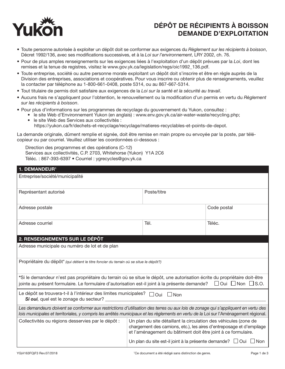Forme YG4163 Application to Operate a Beverage Container Depot - Yukon, Canada (French), Page 1