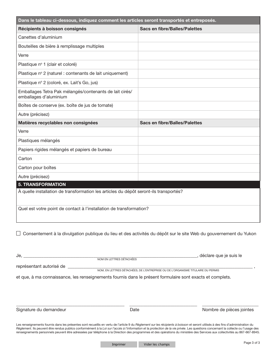 Forme YG4163 Application to Operate a Beverage Container Depot - Yukon, Canada (French), Page 3