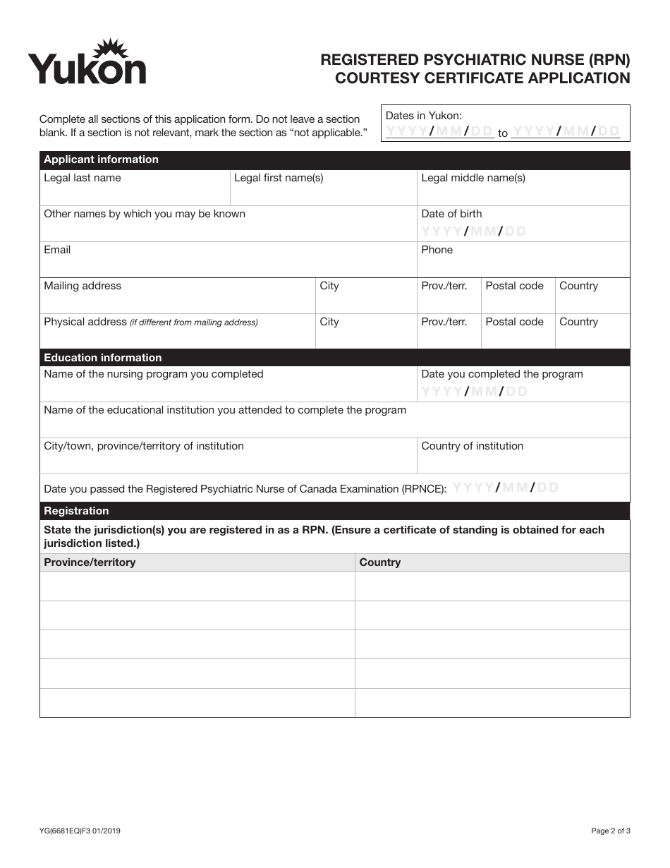 Form YG6681 Registered Psychiatric Nurse Courtesy Certificate Application - Yukon, Canada, Page 3