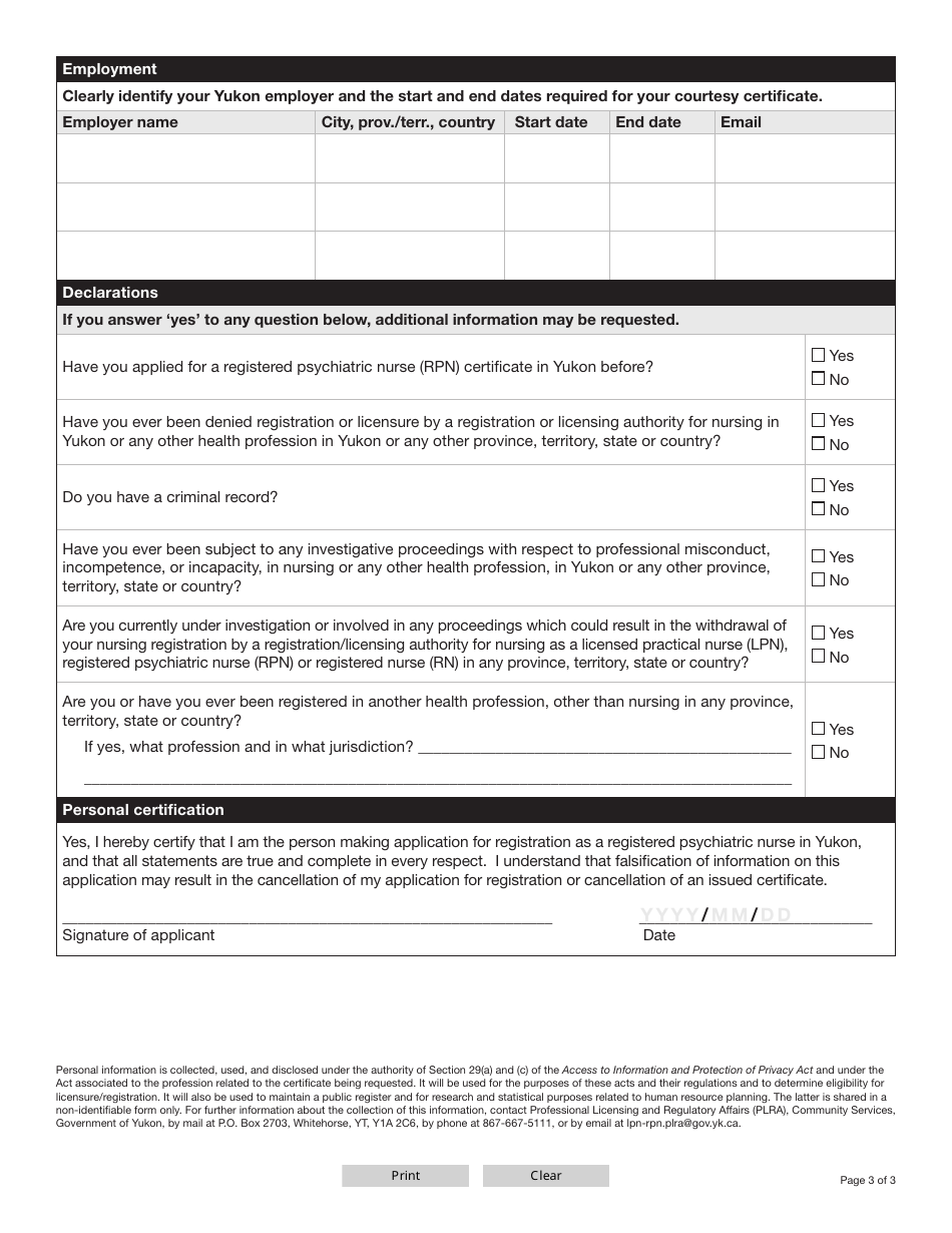 Form YG6681 Registered Psychiatric Nurse Courtesy Certificate Application - Yukon, Canada, Page 4