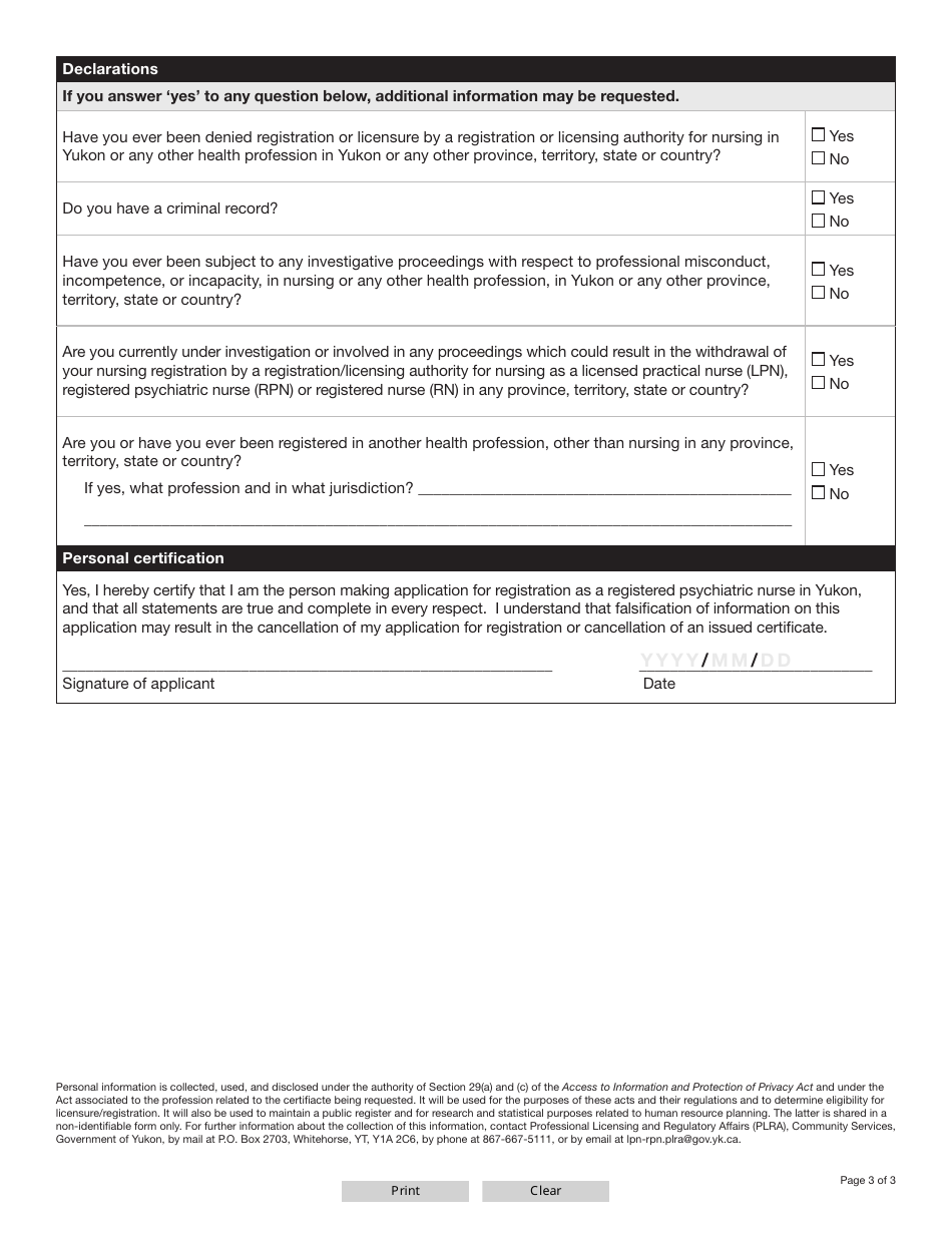 Form YG6682 Registered Psychiatric Nurse Inactive Certificate Application - Yukon, Canada, Page 4
