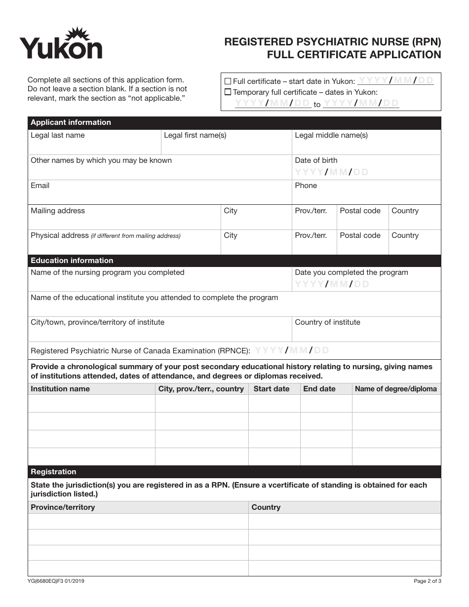 Form YG6680 Registered Psychiatric Nurse (Rpn) Full Certificate Application - Yukon, Canada, Page 3