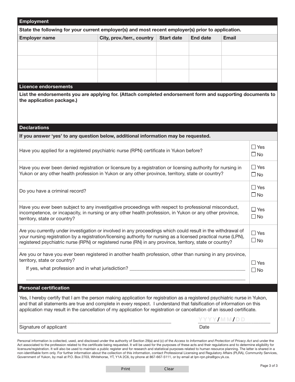 Form YG6680 Registered Psychiatric Nurse (Rpn) Full Certificate Application - Yukon, Canada, Page 4