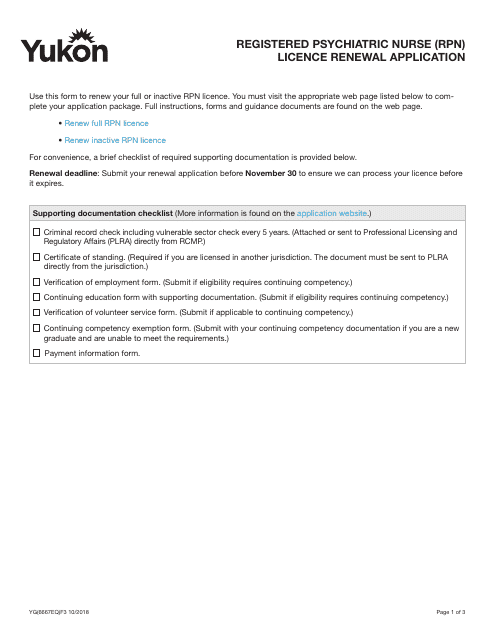 Form YG6667 Registered Psychiatric Nurse (Rpn) Licence Renewal Application - Yukon, Canada