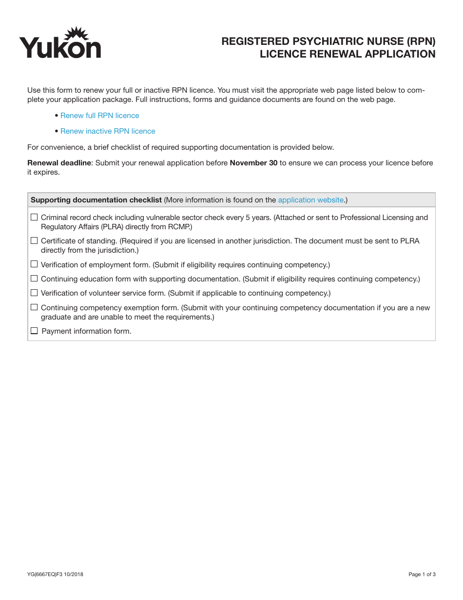 Form YG6667 Registered Psychiatric Nurse (Rpn) Licence Renewal Application - Yukon, Canada, Page 1