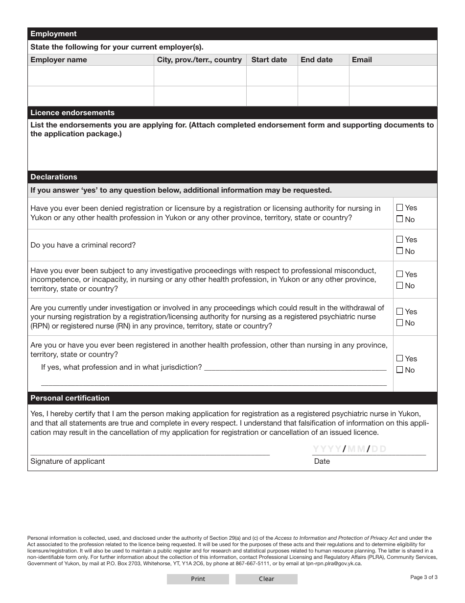 Form YG6667 Registered Psychiatric Nurse (Rpn) Licence Renewal Application - Yukon, Canada, Page 3