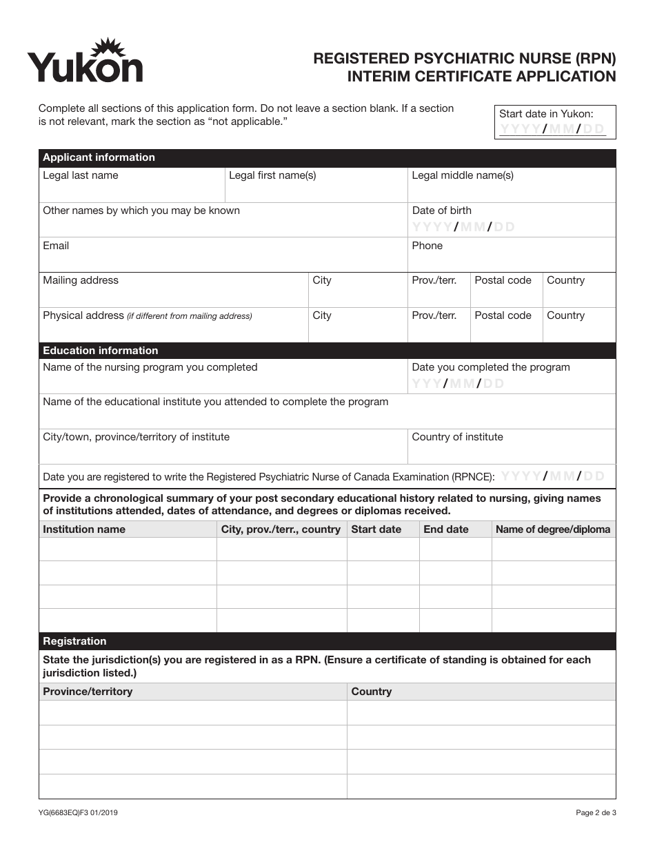 Form YG6683 Registered Psychiatric Nurse Interim Certificate Application - Yukon, Canada, Page 3