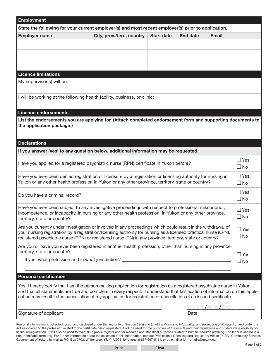 Form YG6683 Registered Psychiatric Nurse Interim Certificate Application - Yukon, Canada, Page 4