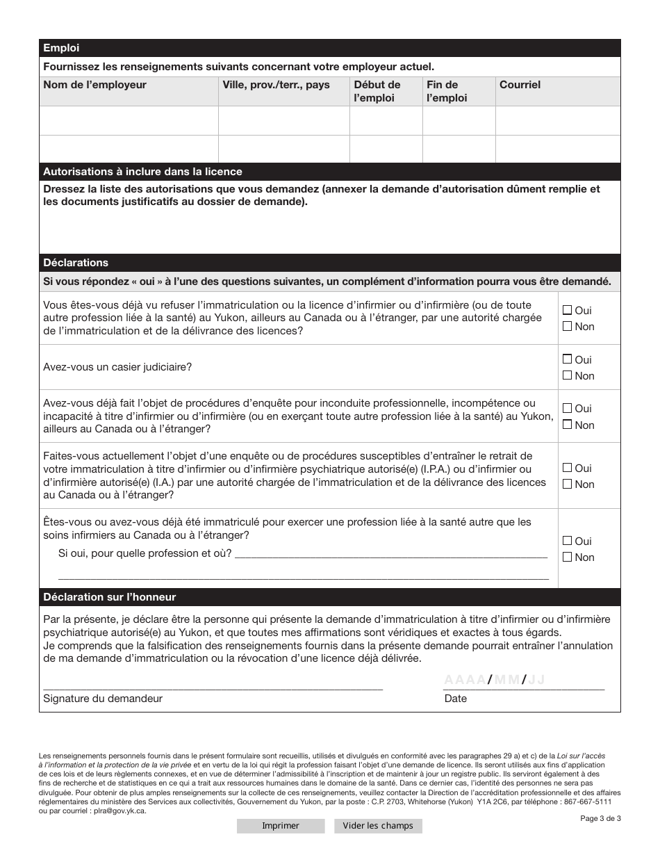 Forme YG6667 Infirmieres Et Infirmiers Psychiatriques Autorises (I.p.a.) Demande De Renouvellement De Licence - Yukon, Canada (French), Page 3