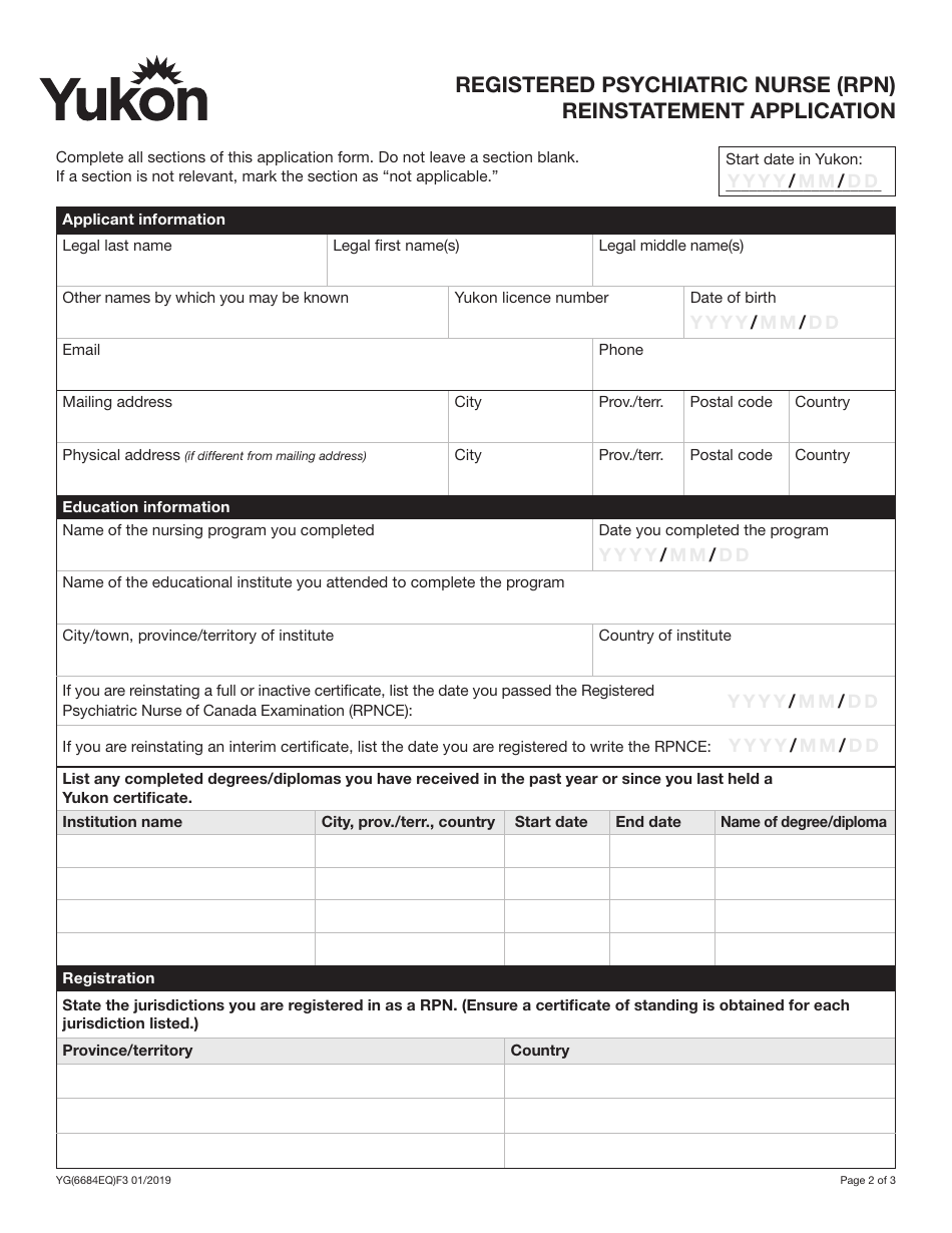 Form YG6684 Registered Psychiatric Nurse (Rpn) Reinstatement Application - Yukon, Canada, Page 3