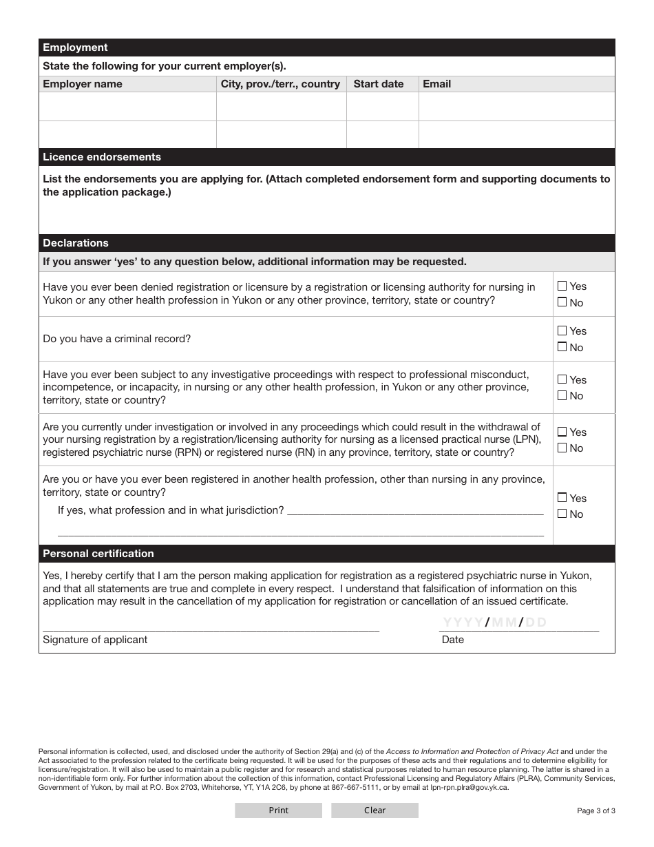 Form YG6684 Registered Psychiatric Nurse (Rpn) Reinstatement Application - Yukon, Canada, Page 4