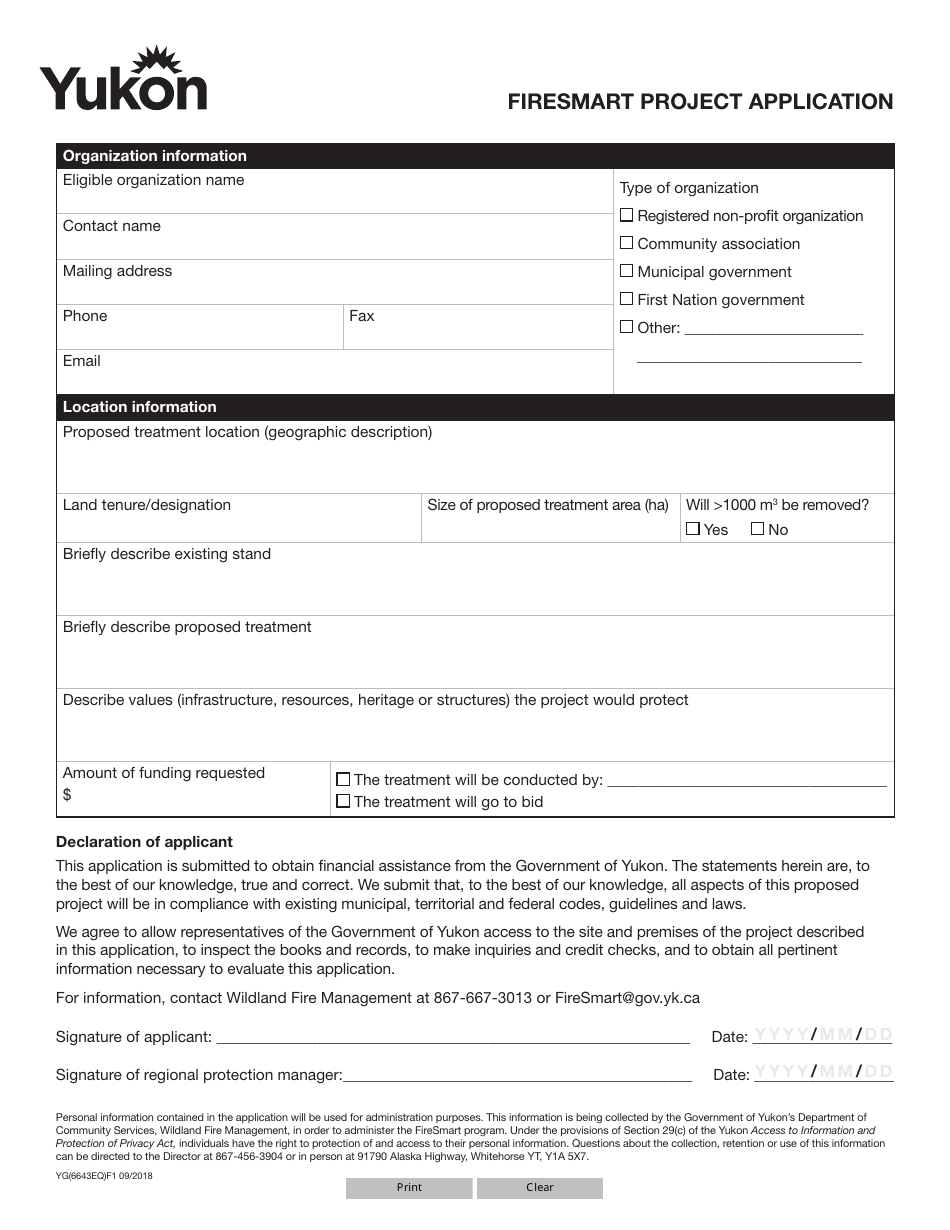 Form YG6643 Firesmart Project Application - Yukon, Canada, Page 1