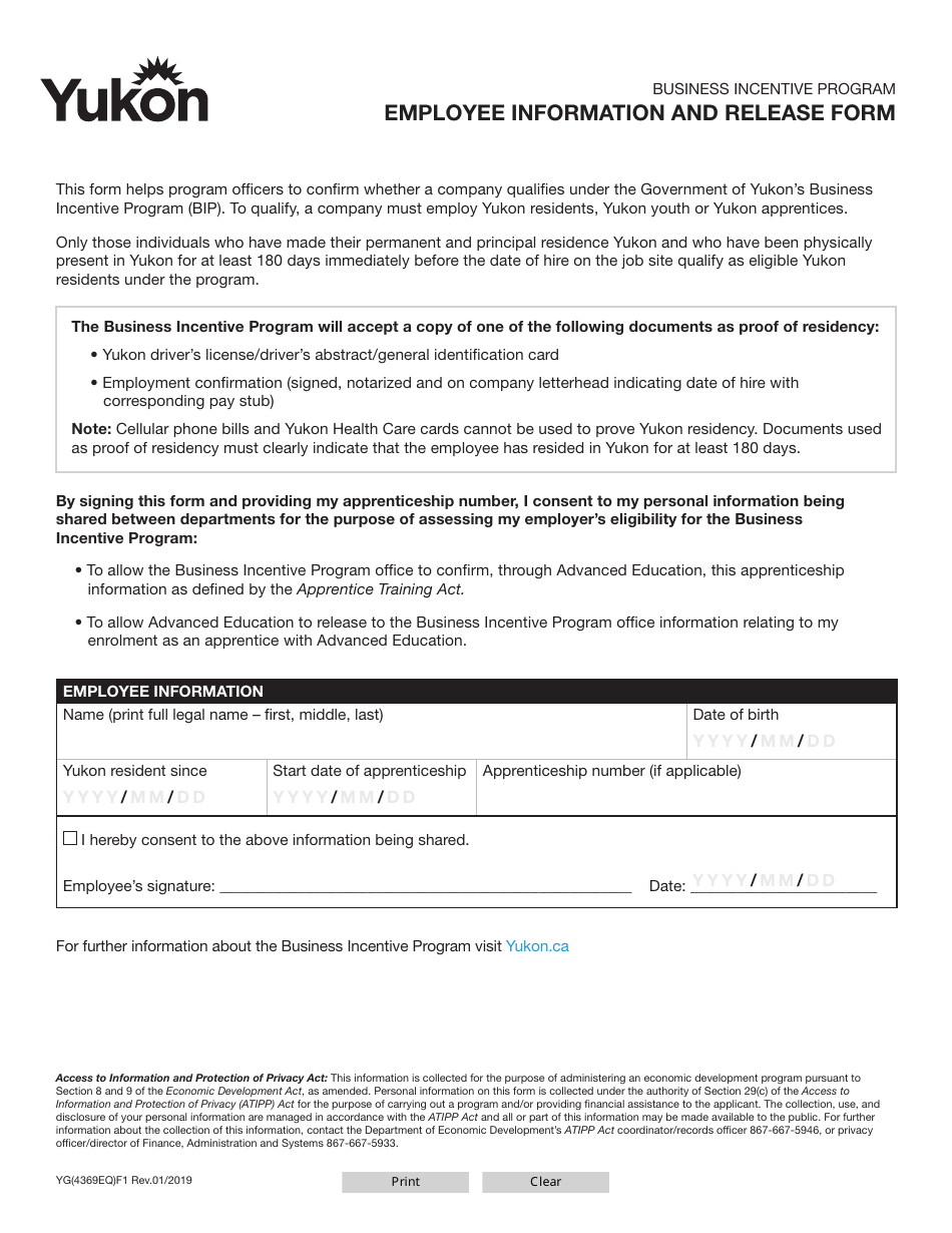 Form YG4369 Employee Information and Release Form - Yukon, Canada, Page 1
