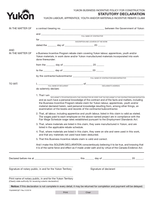 Form YG4984 Statutory Declaration - Labour, Apprentice, Youth, Materials Incentive Rebate - Yukon, Canada