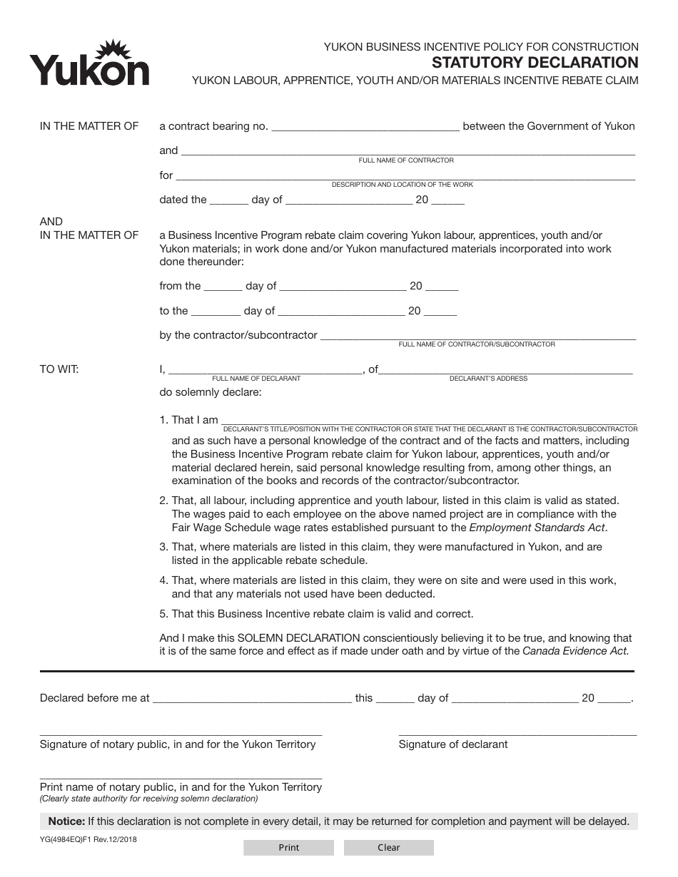 Form YG4984 Statutory Declaration - Labour, Apprentice, Youth, Materials Incentive Rebate - Yukon, Canada, Page 1