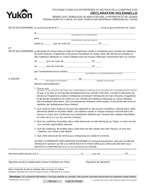 Forme YG4984 Declaration Solennelle - Yukon, Canada (French)