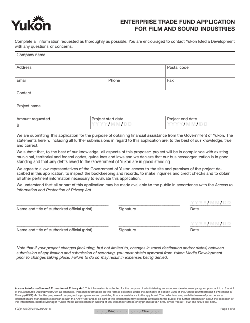 Form YG5473 Enterprise Trade Fund Application for Film and Sound Industries - Yukon, Canada