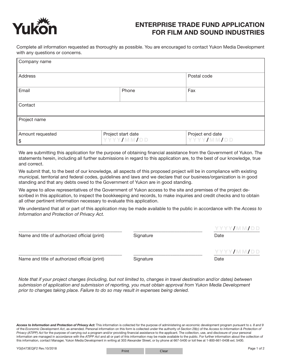 Form YG5473 Enterprise Trade Fund Application for Film and Sound Industries - Yukon, Canada, Page 1