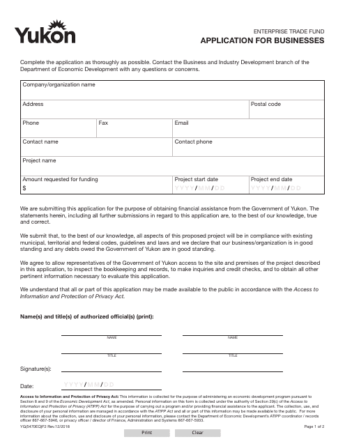 Form YG5470 Enterprise Trade Fund Application for Businesses - Yukon, Canada