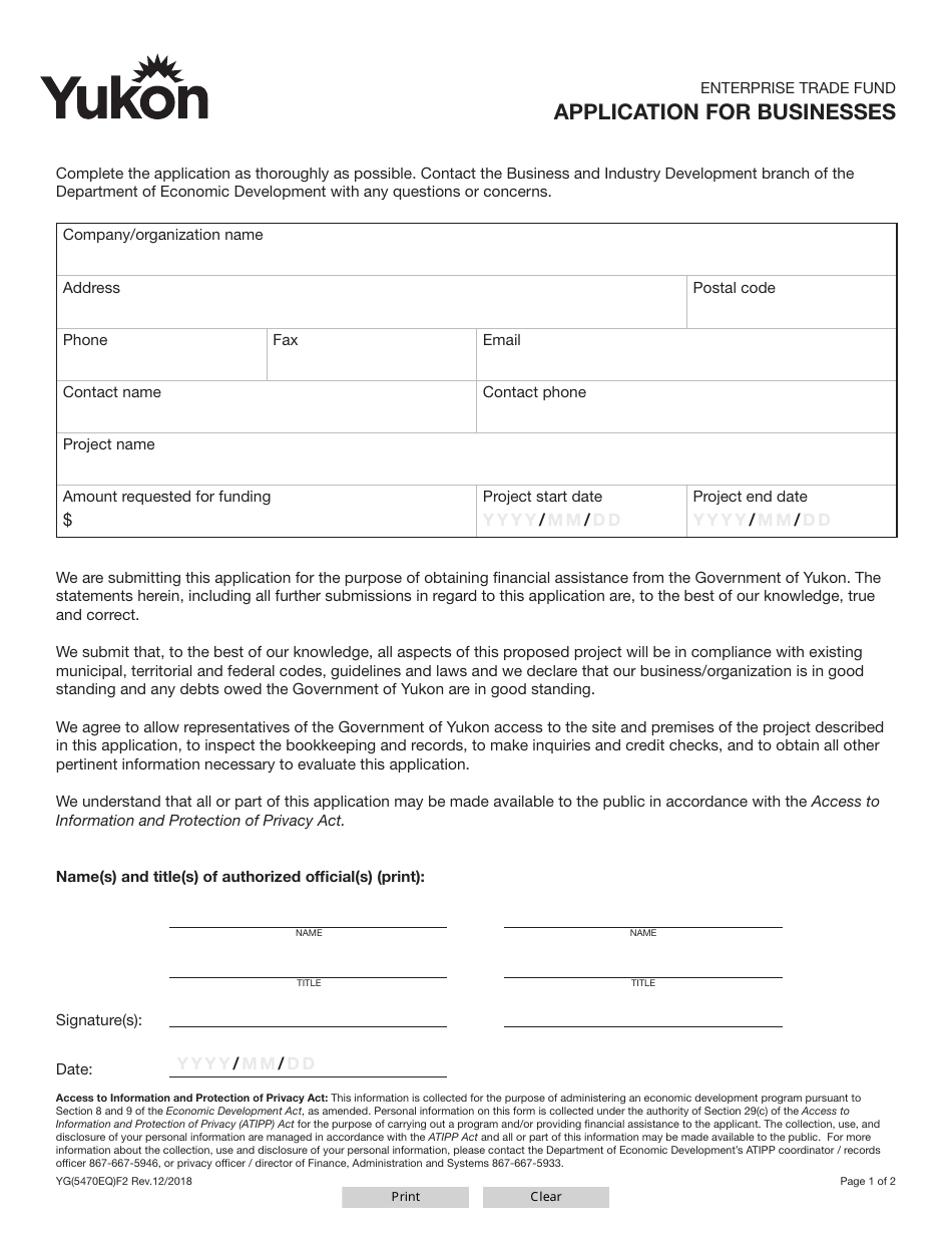 Form YG5470 Enterprise Trade Fund Application for Businesses - Yukon, Canada, Page 1