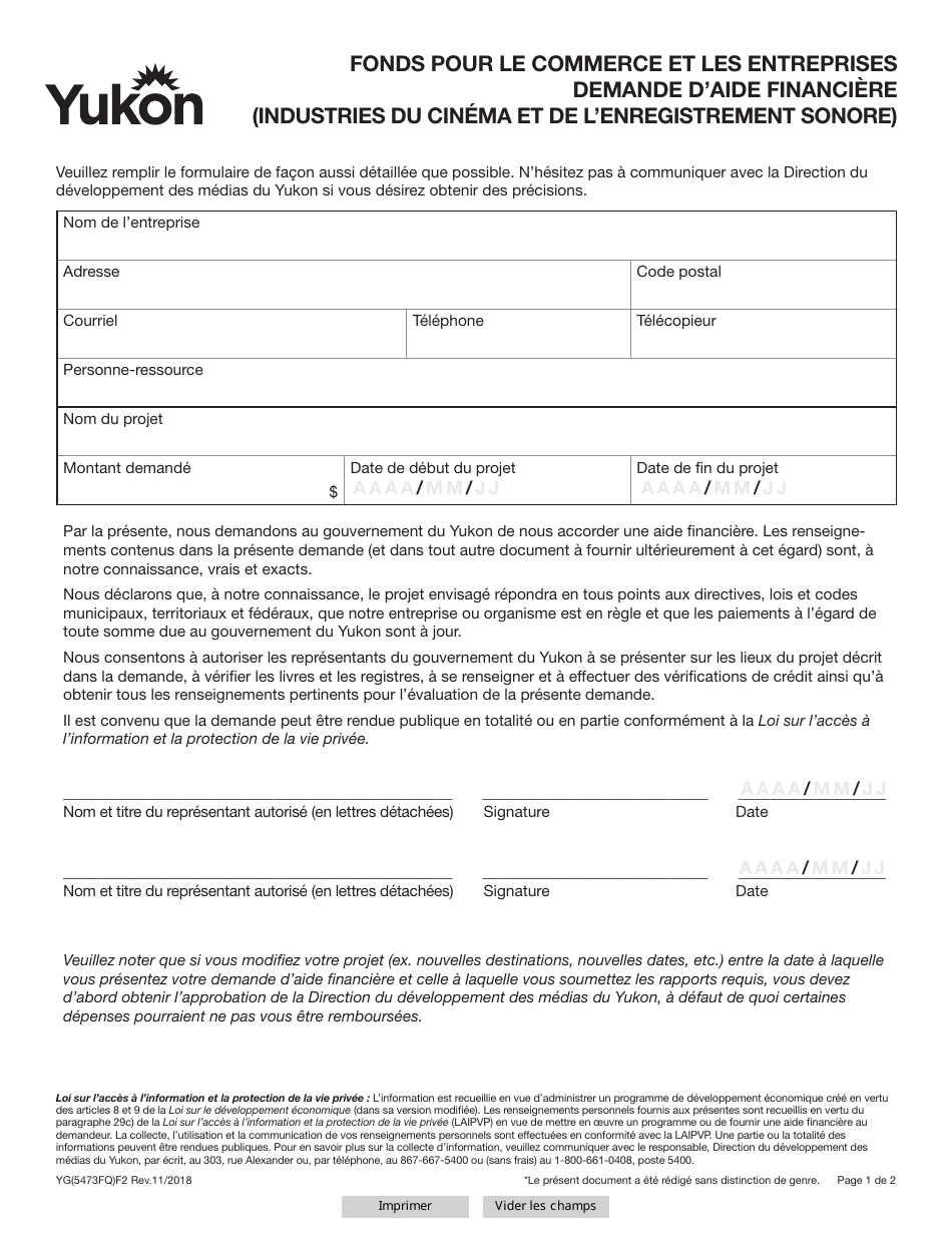 Forme YG5473 Enterprise Trade Fund Application for Film and Sound Industries - Yukon, Canada (French), Page 1