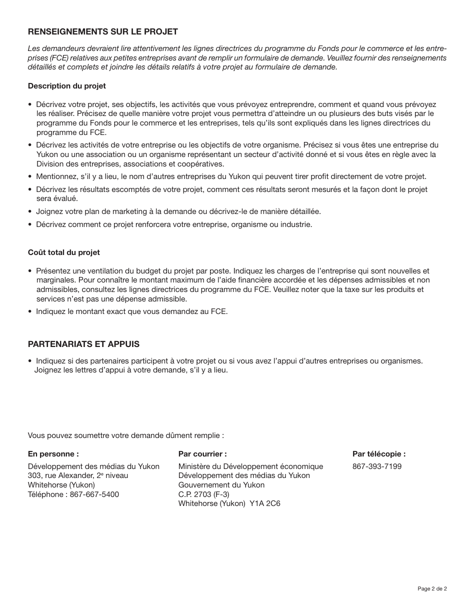 Forme YG5473 Enterprise Trade Fund Application for Film and Sound Industries - Yukon, Canada (French), Page 2