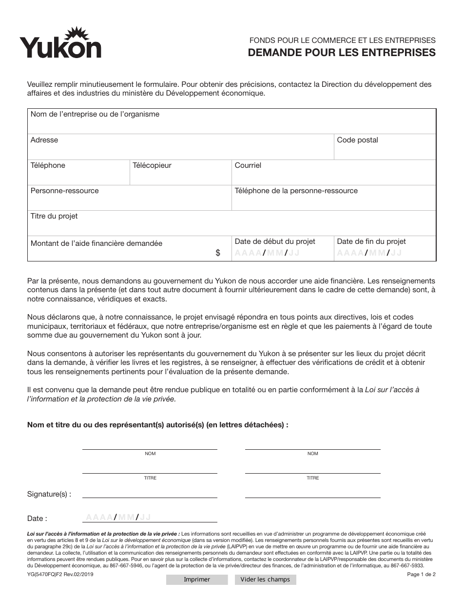 Forme YG5470 Application for Businesses - Yukon, Canada (French), Page 1
