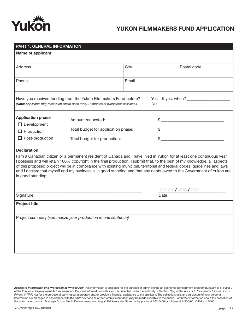 Form YG5350 Yukon Filmmakers Fund Application - Yukon, Canada, Page 1