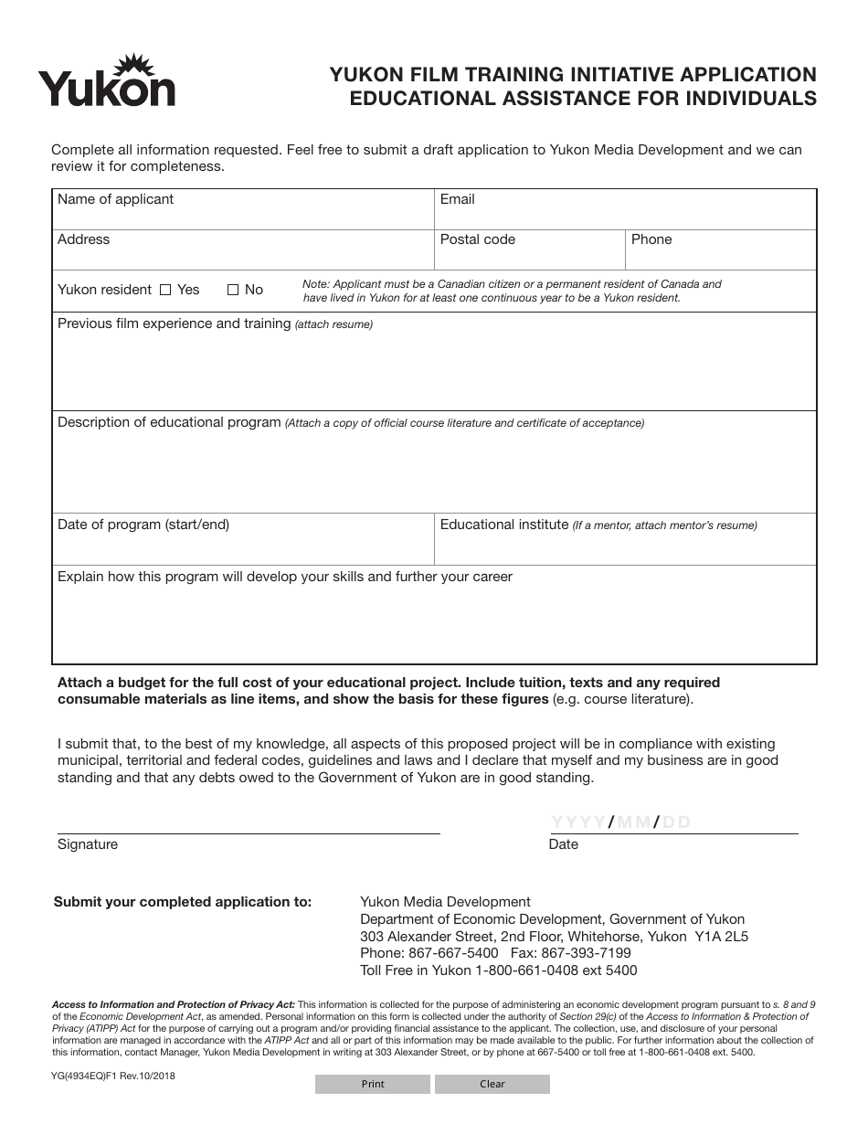 Form YG4934 Yukon Film Training Initiative Application Educational Assistance for Individuals - Yukon, Canada, Page 1