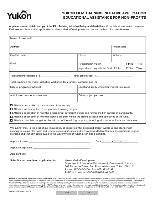 Form YG5435 Yukon Film Training Initiative Application Educational Assistance for Non-profits - Yukon, Canada