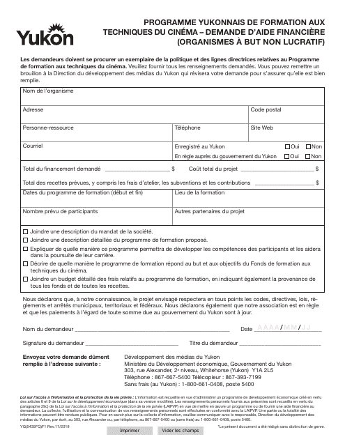 Forme YG5435 Yukon Film Training Initiative Application Educational Assistance for Non-profits - Yukon, Canada (French)