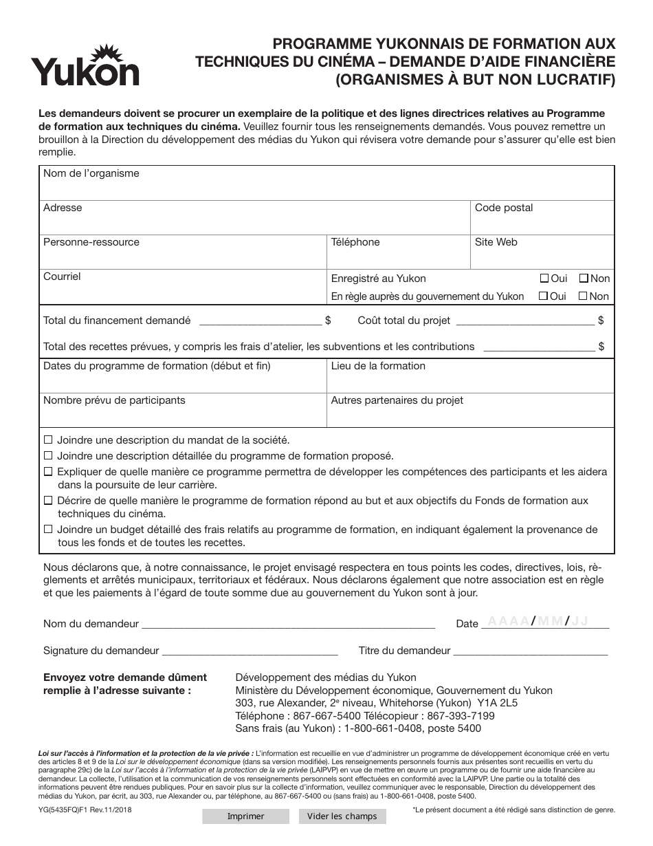 Forme YG5435 Yukon Film Training Initiative Application Educational Assistance for Non-profits - Yukon, Canada (French), Page 1