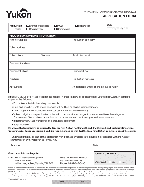 Form YG6633 Yukon Film Location Incentive Program Application Form - Yukon, Canada