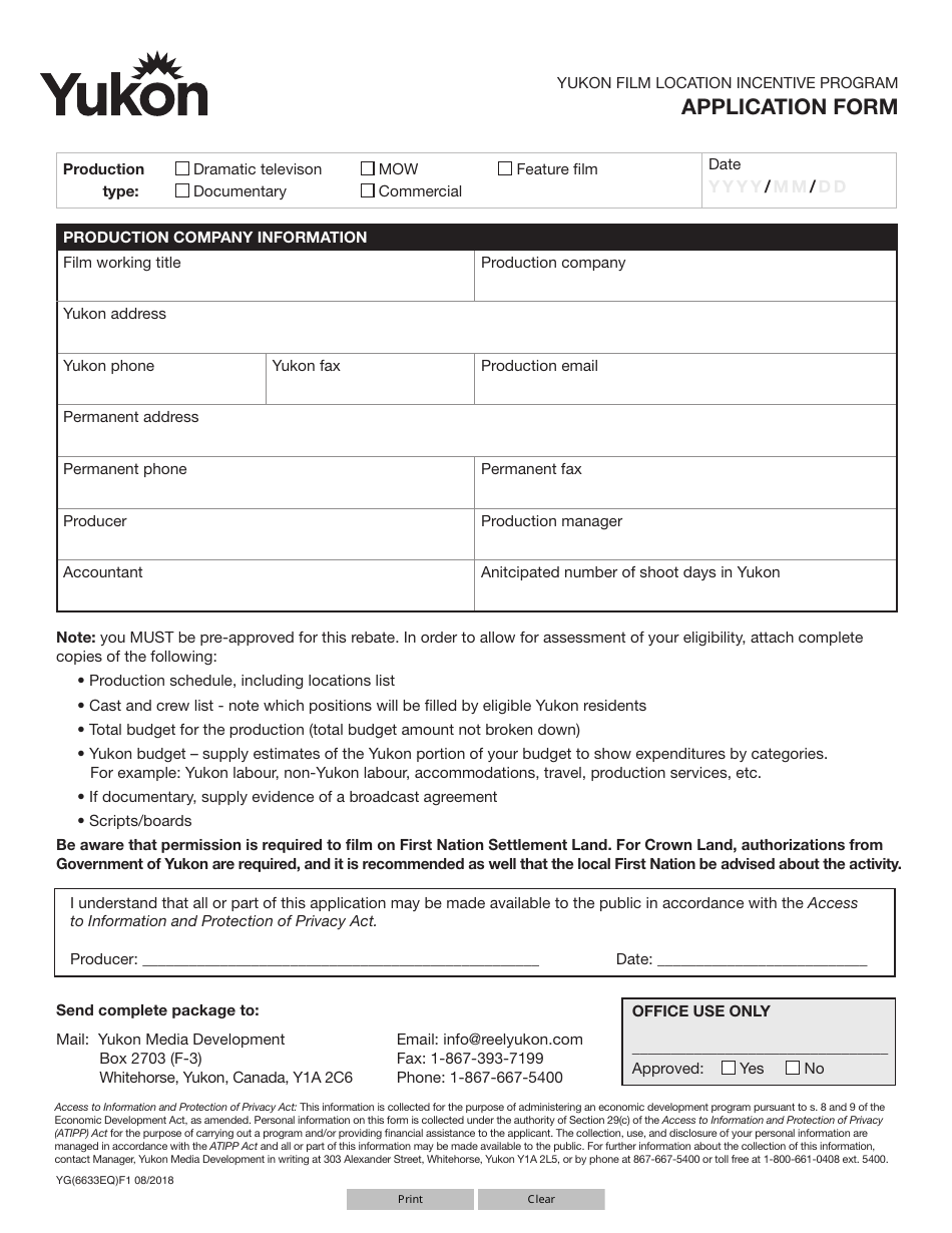 Form YG6633 Yukon Film Location Incentive Program Application Form - Yukon, Canada, Page 1