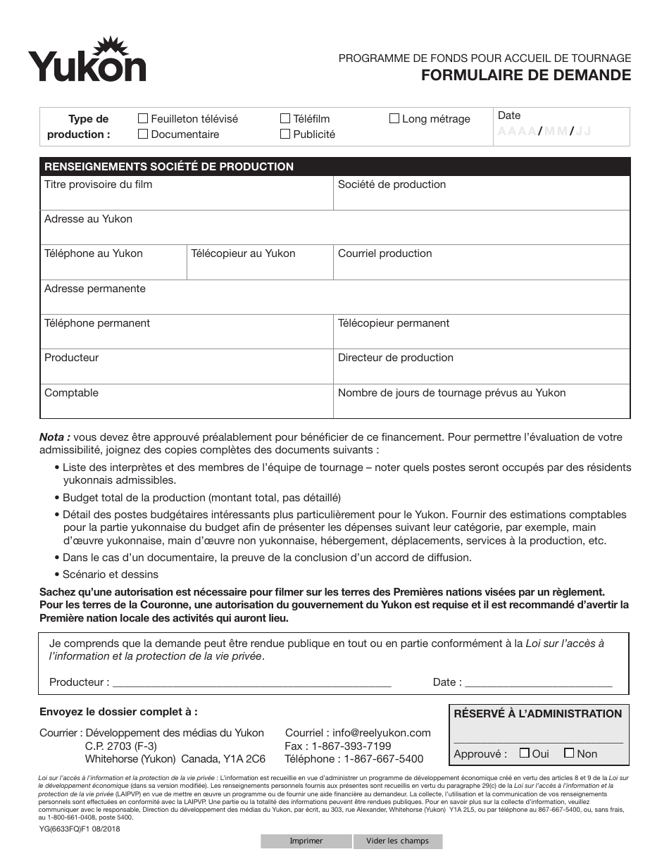 Forme YG6633 Yukon Film Location Incentive Program Application Form - Yukon, Canada (French), Page 1