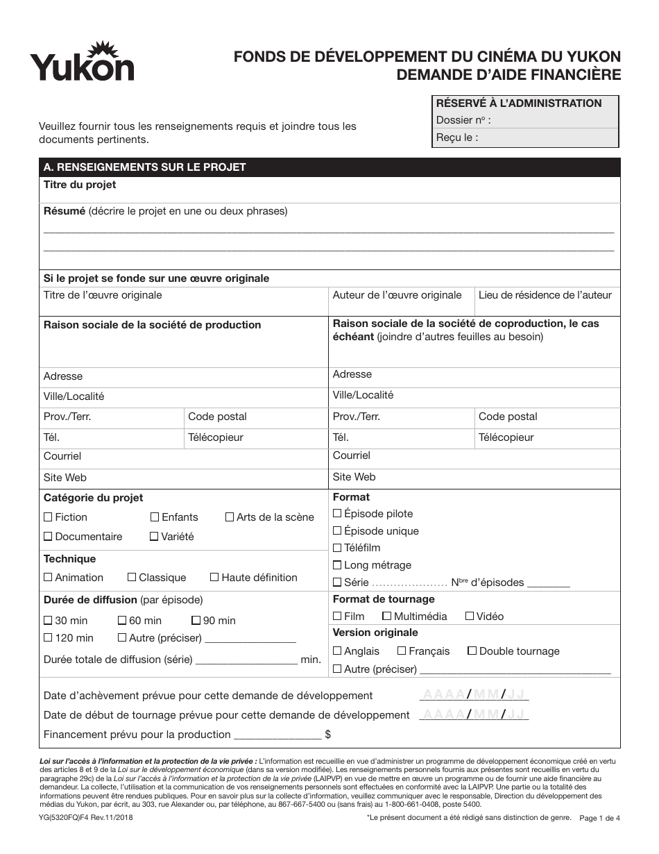 Forme YG5320 Yukon Film Development Fund Application - Yukon, Canada (French), Page 1