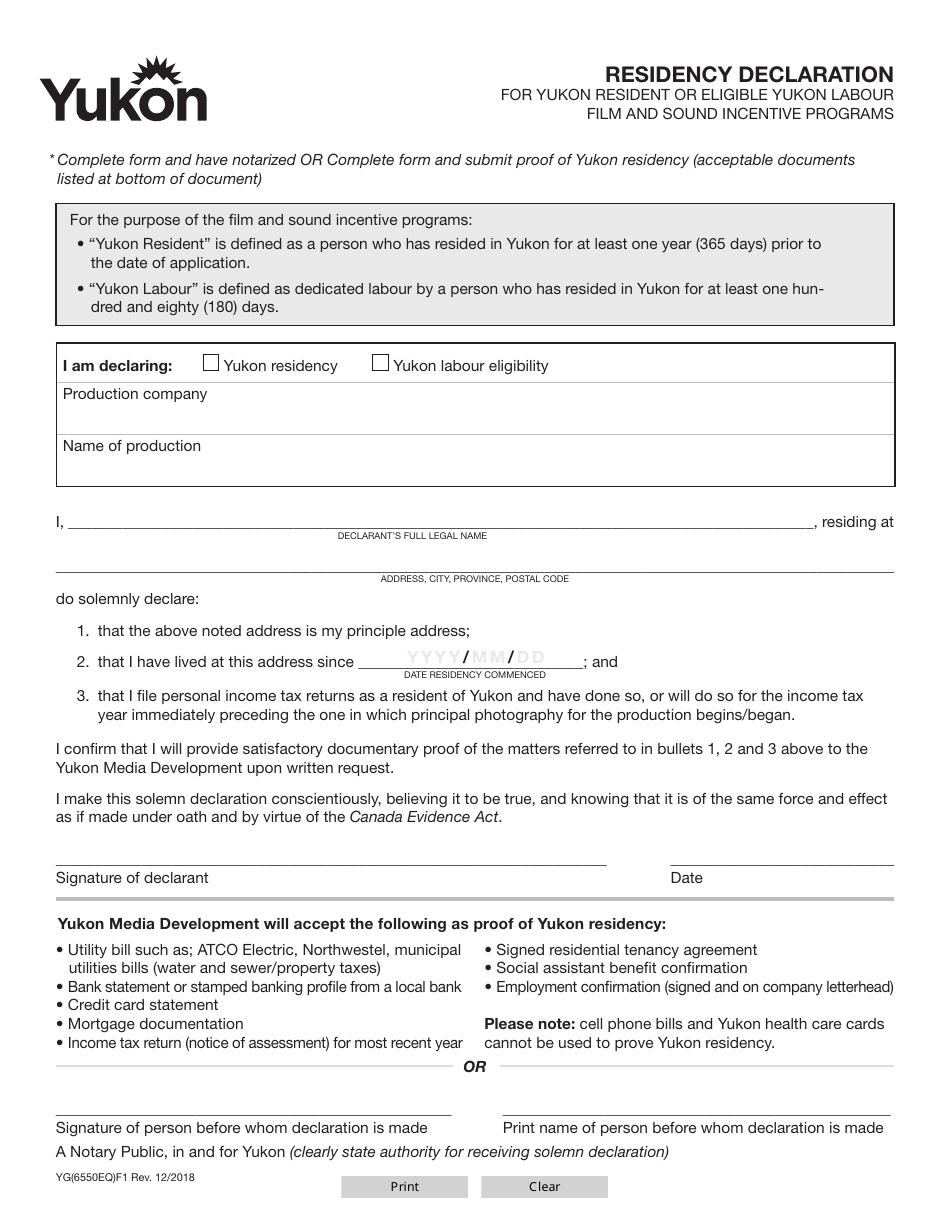 Form YG6550 Residency Declaration for Yukon Resident or Eligible Yukon Labour Film and Sound Incentive Programs - Yukon, Canada, Page 1