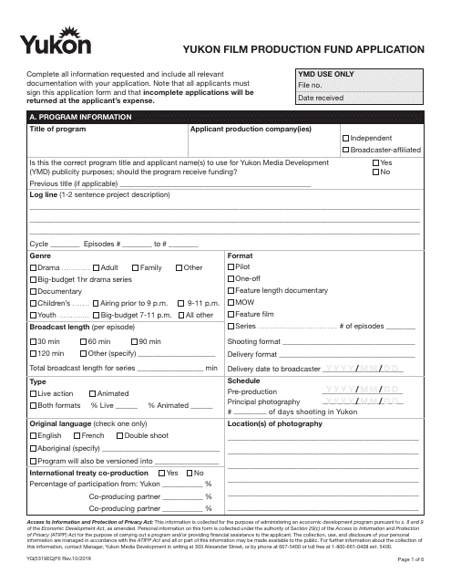 Form YG5319 Yukon Film Production Fund Application - Yukon, Canada
