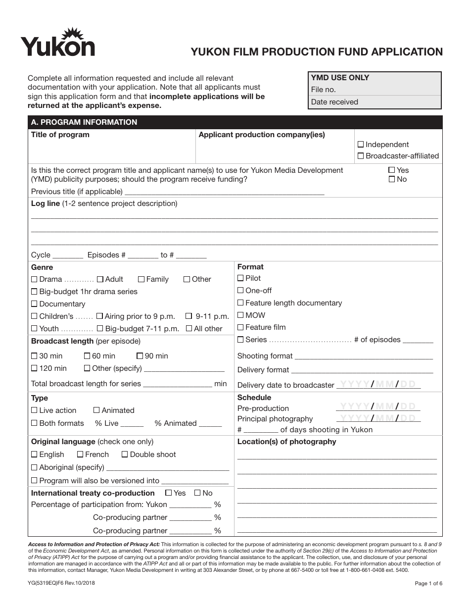 Form YG5319 Yukon Film Production Fund Application - Yukon, Canada, Page 1