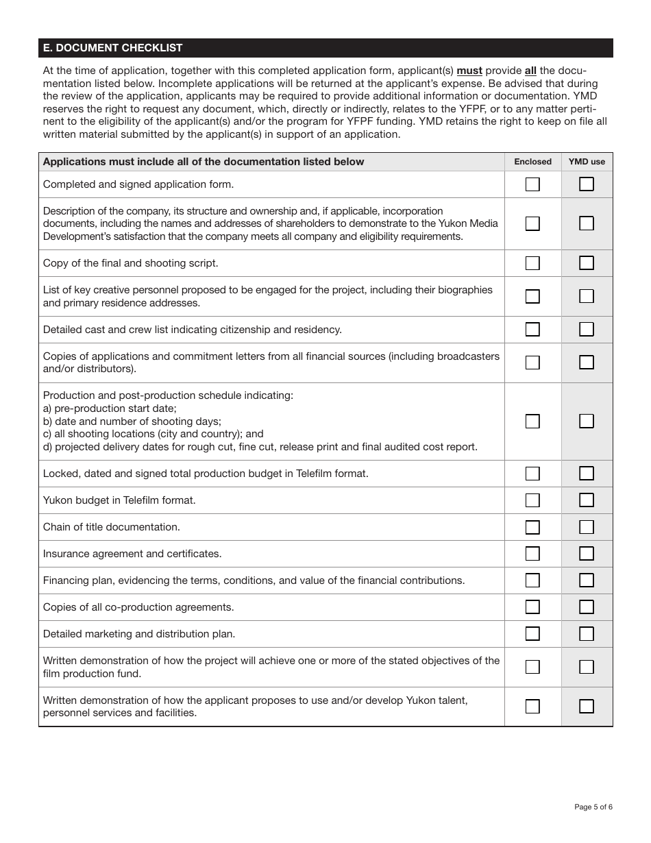 Form YG5319 Yukon Film Production Fund Application - Yukon, Canada, Page 5